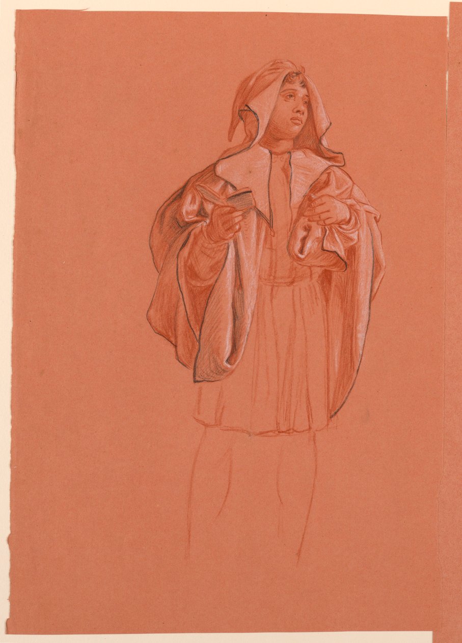 Rysunek, studium postaci w stroju z kapturem, ok. 1885 r. autorstwa Elihu Vedder