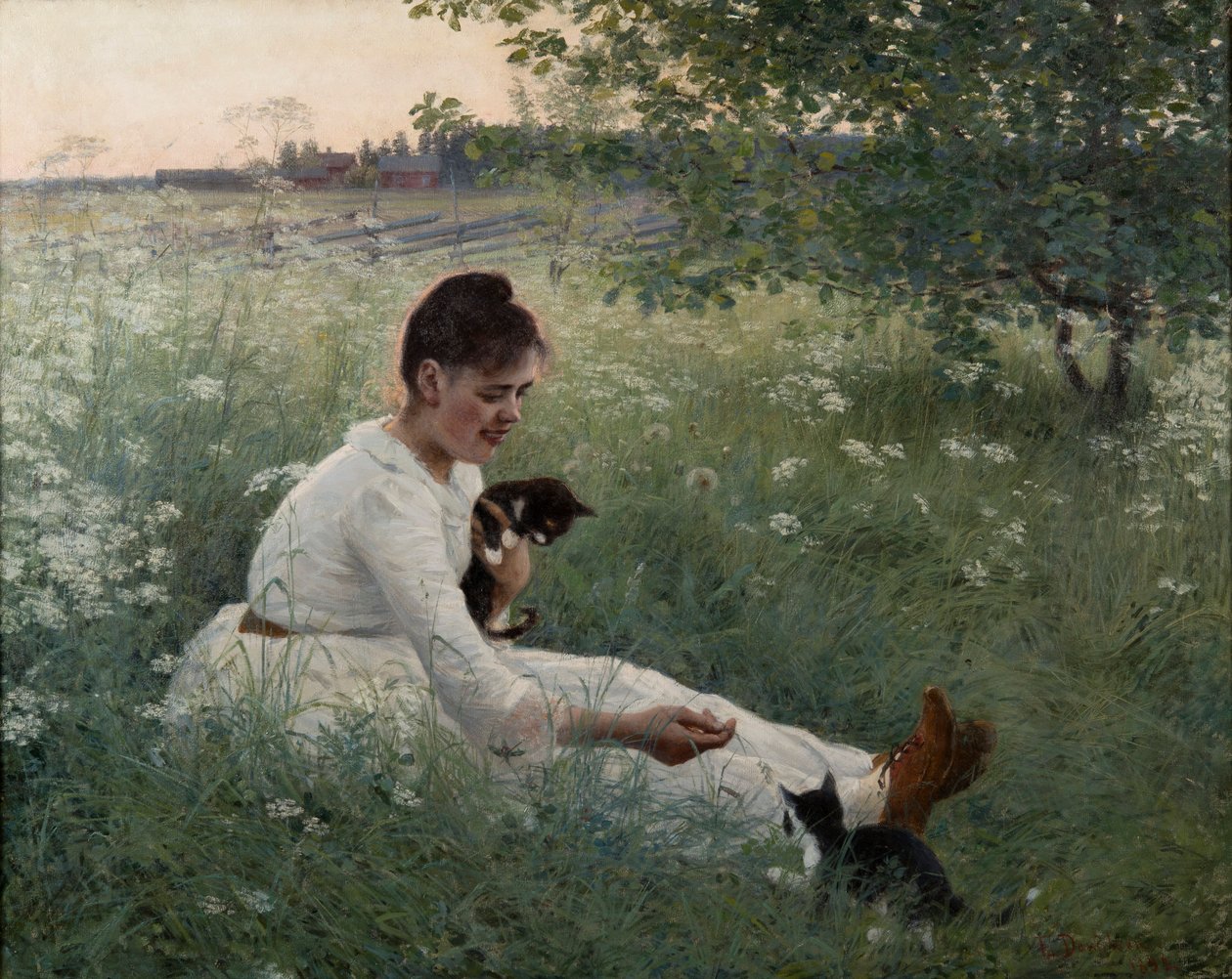 Młoda dziewczyna z kotami w letnim krajobrazie - Dziewczyna z kotami w letnim krajobrazie - Elin Danielson-Gambogi (1861-1919). olej na płótnie autorstwa Elin Danielson Gambogi