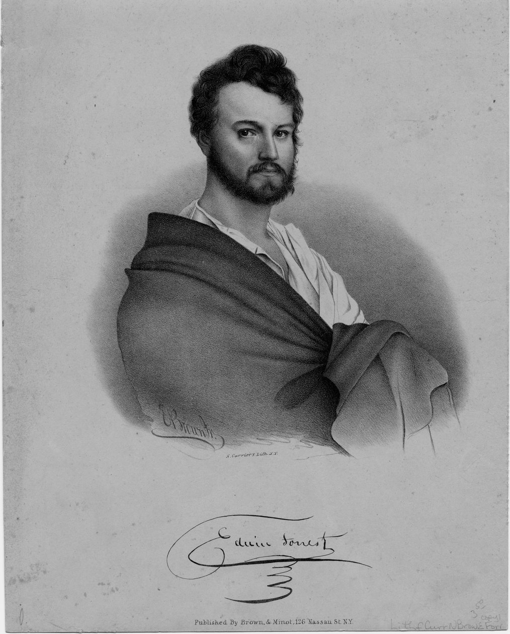 Edwin Forrest (1806-72), aktor, litografia Nathaniela Currier, wydana przez Brown und Minot, Nowy Jork autorstwa Eliphalet Brown