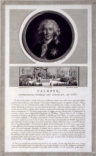 Calonne, kontroler generalny finansów, 1787, portret rytowany przez Charlesa Levacheza (fl.1760-1820), ze sceną zjazdu notabli Jeana Duplessisa-Bertaux (1747-1819), ok.1803 (grafika) autorstwa Elisabeth Louise (after) Vigee Lebrun