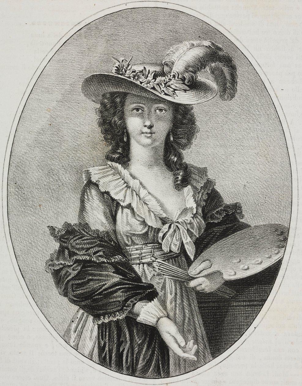 Autoportret z paletą francuskiej malarki Elisabeth Vigee Le Brun, litografia Giovanniego Marianiego z Polioramy Pittoresco, nr 42, 28 maja autorstwa Elisabeth Louise (after) Vigee Lebrun