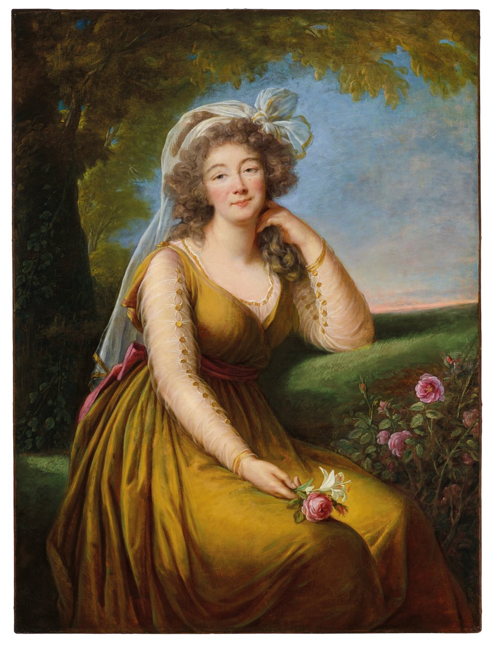 Portret Madame du Barry (1743-1793), trzy czwarte długości, siedzącej w pejzażu, ok. 1775-93 (olej na płótnie) autorstwa Elisabeth Louise Vigee Lebrun