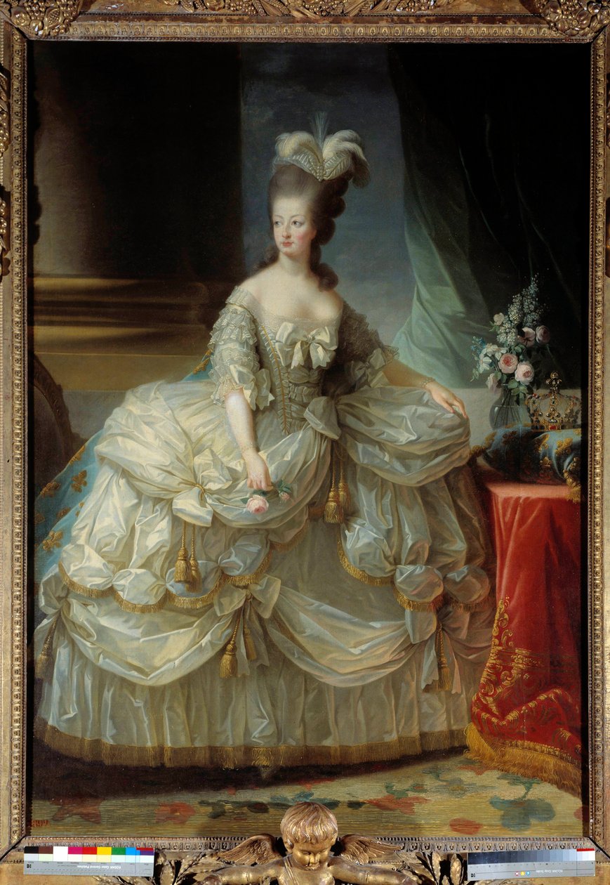 Portret u stóp Marie Antoinette – Lorraine Habsburg Królowa Francji (1755-1793) w dużym garniturze sądowym, róża w ręku Obraz Marie Elisabeth Louise Vigee Le brun (lub Vigee-Lebrun lub Vigee Lebrun) (1755-1842) XVIII wiek Słońce. 2,23 x 1,58 m² autorstwa Elisabeth Louise Vigee Lebrun