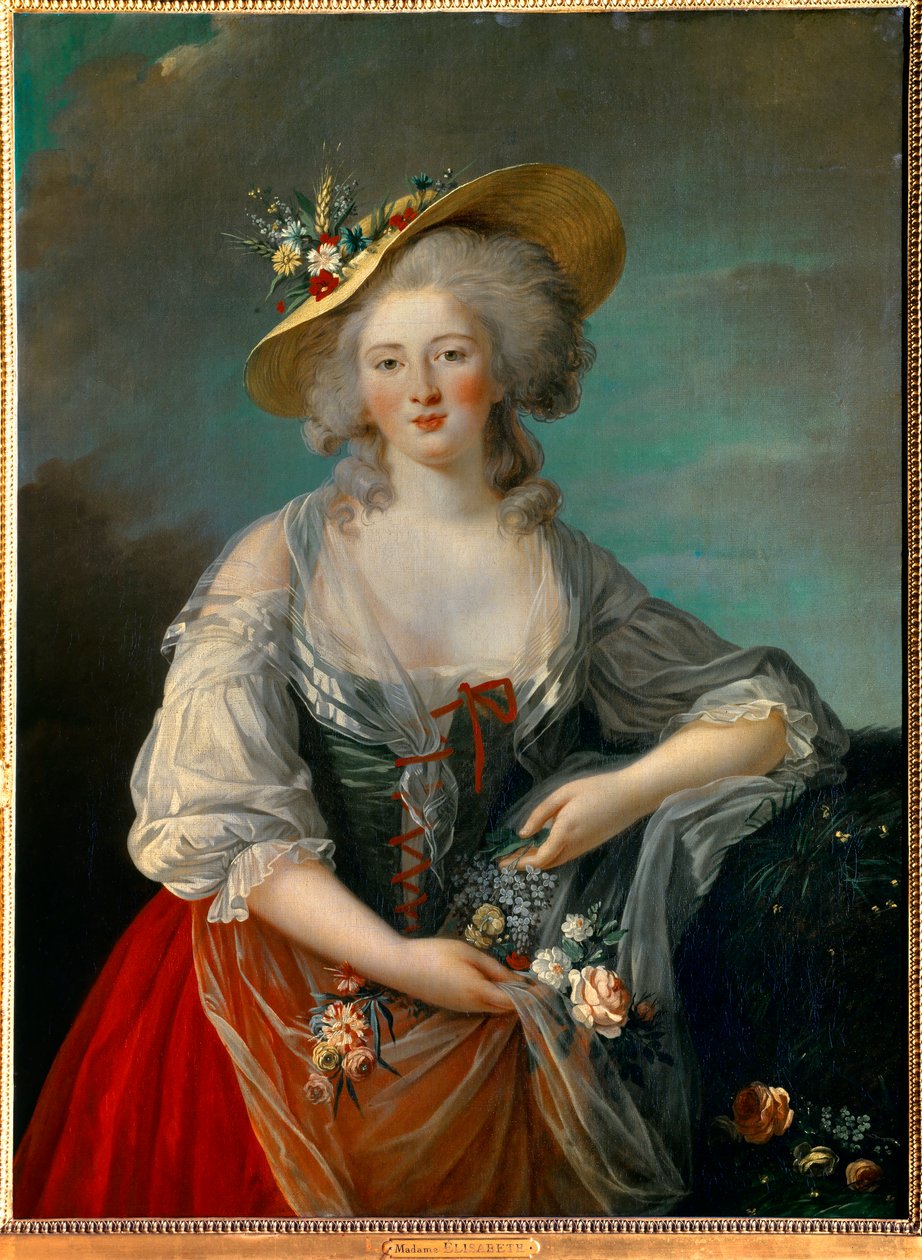 Portret Elisabeth Philippine Marie Helene z Francji znanej jako Madame Elisabeth (1764-1794), siostry Ludwika XVI reprezentowanej w 1782 roku, w stroju wiejskim przedstawiającym kwiaty Obraz Marie Elisabeth Louise Vigee Le brun (lub Vigee-Lebrun lub Vigee  autorstwa Elisabeth Louise Vigee Lebrun