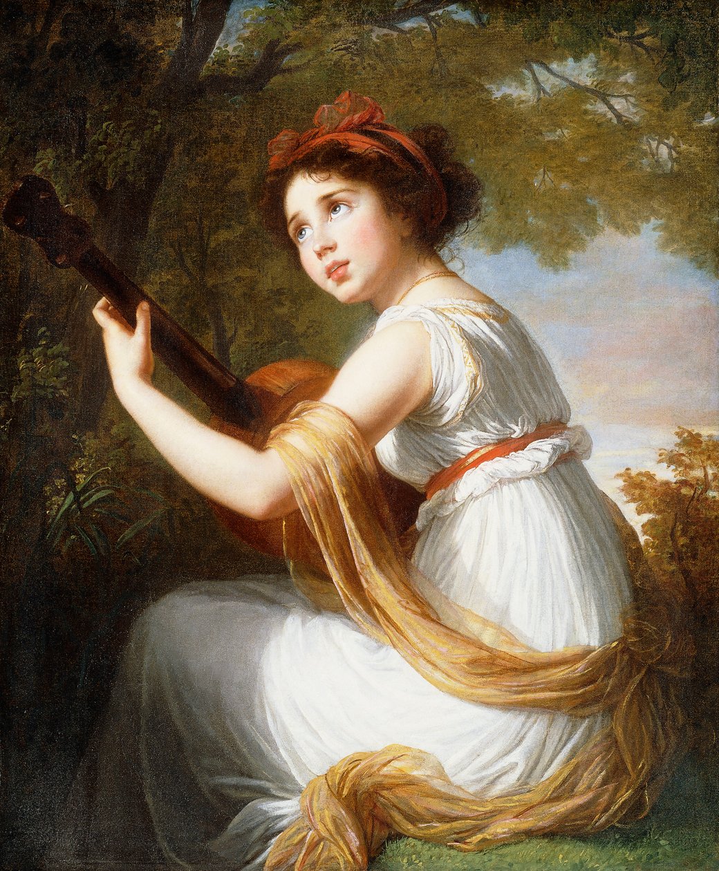 Portret córki artysty, siedzącej w trzech czwartych długości, gra na gitarze, ok. 1797 r. autorstwa Elisabeth Louise Vigee Lebrun