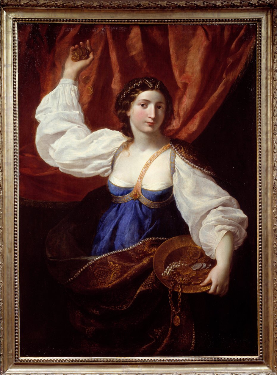 Liberality Młoda kobieta trzymająca tacę wypełnioną złotem i biżuterią. Obraz Elisabetty Sirani (1638-1665) XVII-wieczny Nimes, Muzeum Sztuk Pięknych autorstwa Elisabetta Sirani