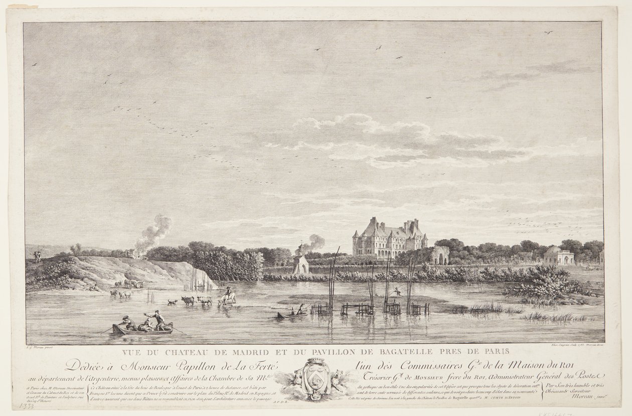 Widok na Château de Madrid i Pavillon de Bagatelle (Vue du Chateau de Madrid et du Pavillon de Bagatelle pres de Paris) autorstwa Elise Saugrain
