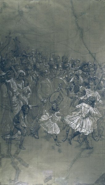 Zespół muzyczny - Cartoon za przeniesienie wielkiej zasłony Teatru Miejskiego w Rio de Janeiro autorstwa Eliseu Visconti