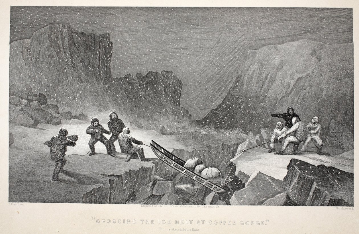 Przekraczanie pasa lodowego w Coffee Gorge, ilustracja z „Drugiej wyprawy Grinnell w poszukiwaniu Sir Johna Franklina...”, 1856 autorstwa Elisha Kane