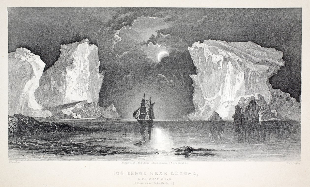 Góry lodowe w pobliżu Kosoak, zatoka łodzi ratunkowych, ilustracja z „Drugiej wyprawy Grinnell w poszukiwaniu Sir Johna Franklina...”, 1856 autorstwa Elisha Kane