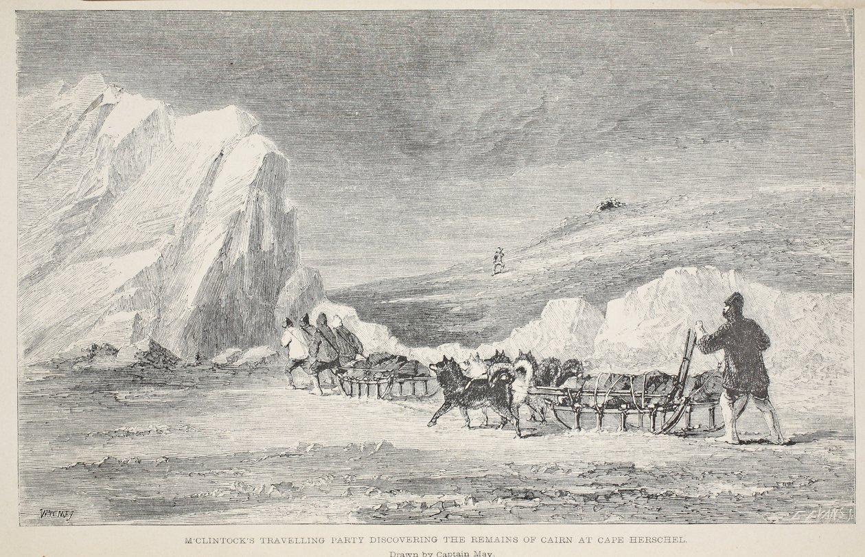 Podróż McClintocka Odkrywanie szczątków Kopca w Cape Herschel, ilustracja z „Drugiej wyprawy Grinnell w poszukiwaniu sir Johna Franklina...”, 1856 autorstwa Elisha Kane