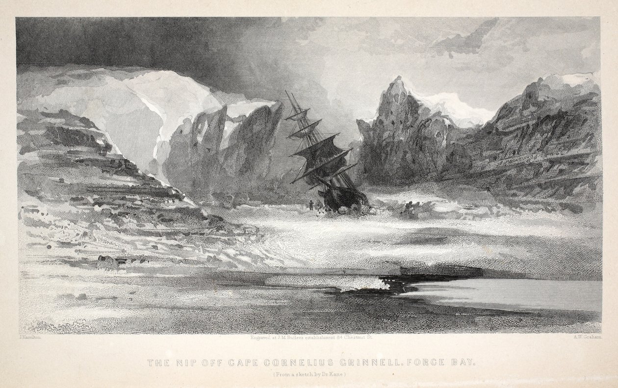 The Nip off Cape Cornelius Grinnell, Force Bay, ilustracja z „Drugiej wyprawy Grinnell w poszukiwaniu Sir Johna Franklina...”, 1856 autorstwa Elisha Kane