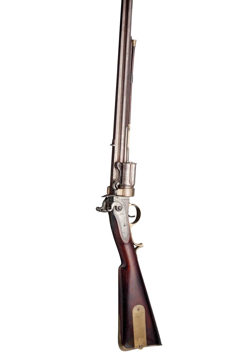 28-bordowy patentowy pięciostrzałowy, ręcznie obracany karabin skałkowy typu wojskowego Collier, ok. 1819-20 (drewno, stal i mosiądz) autorstwa Elisha Haydon Collier