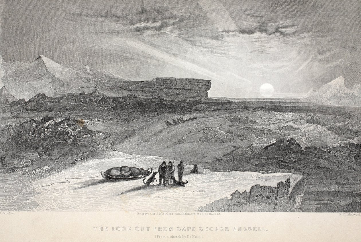 Wypatruj z Cape George Russell, ilustracja z „Drugiej wyprawy Grinnell w poszukiwaniu Sir Johna Franklina...”, 1856 autorstwa Elisha Kane
