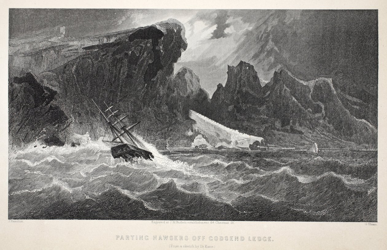 Parting Hawsers off Godsend Ledge, ilustracja z drugiej wyprawy Grinnell w poszukiwaniu Sir Johna Franklina...