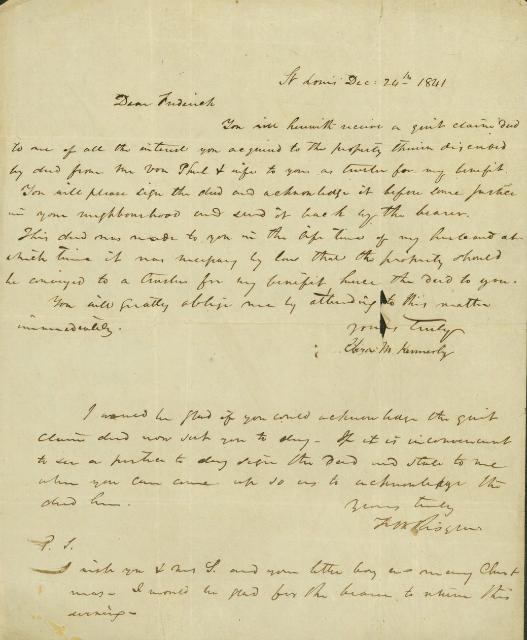 List Elizy Kennerly do Fredericka Saugraina, 24 grudnia 1841 r. autorstwa Eliza Kennerly