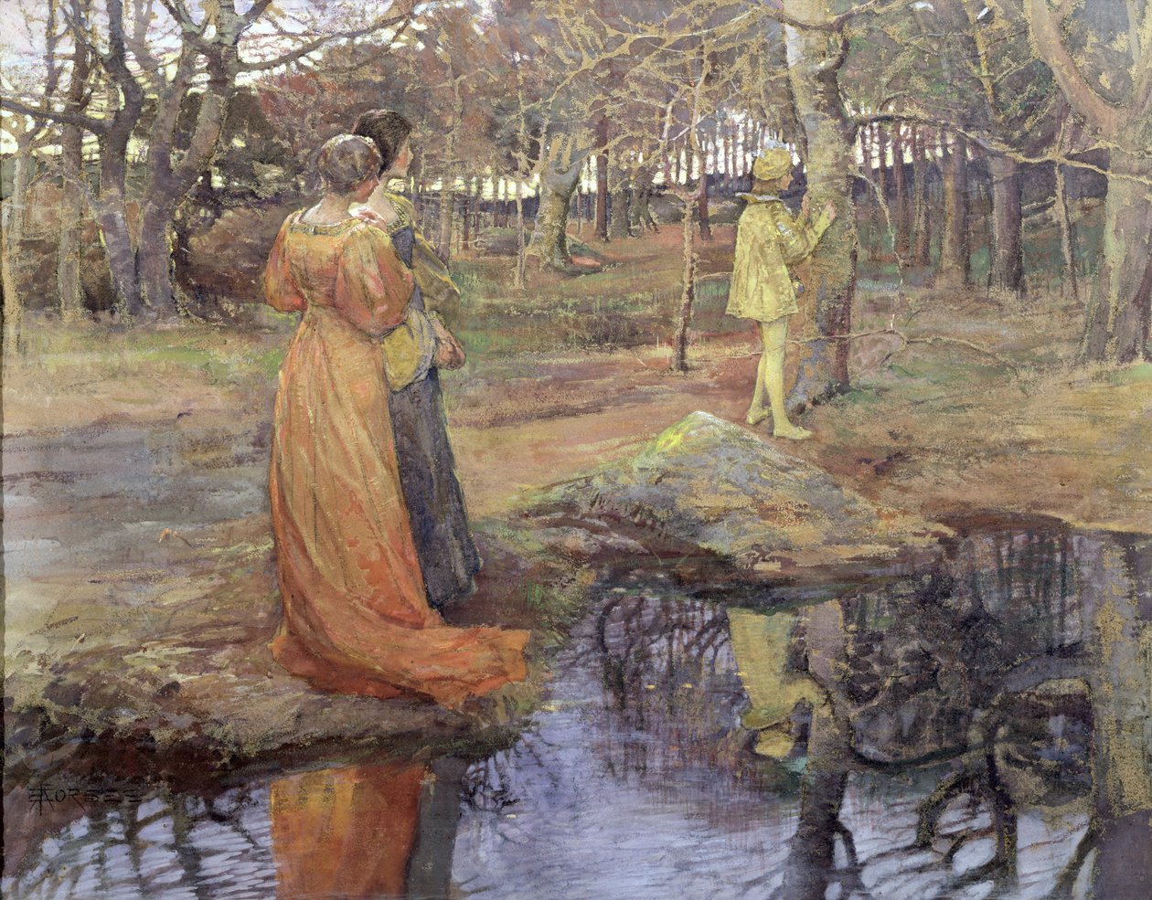 Średniowieczna scena leśna, lata 80. XIX wieku (pastel i gwasz) autorstwa Elizabeth Adela Stanhope Forbes