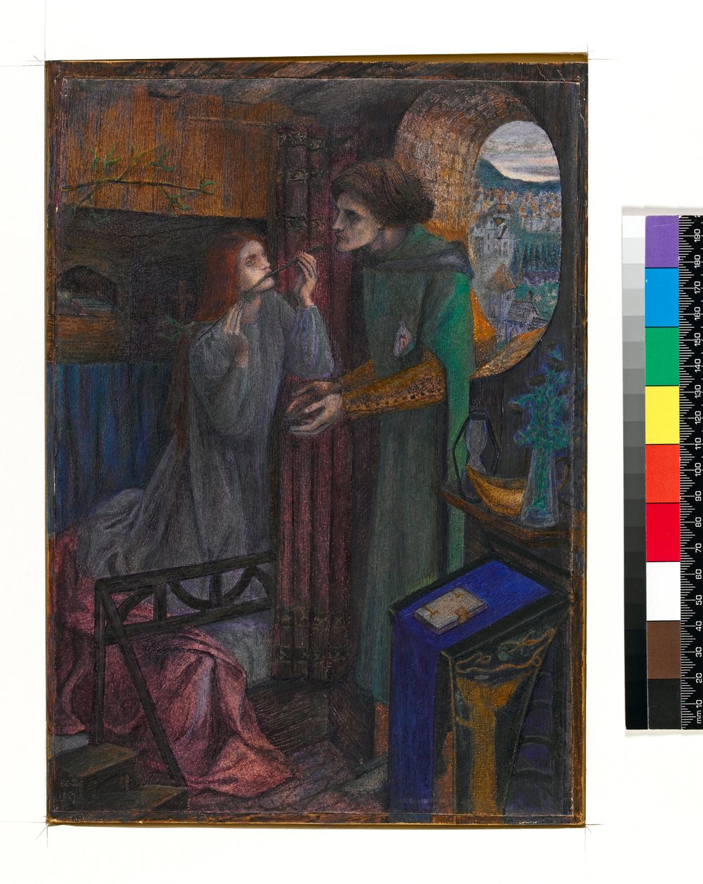 Clerk Saunders, 1857 (toaleta, gwasz i kreda) autorstwa Elizabeth Eleanor Siddal