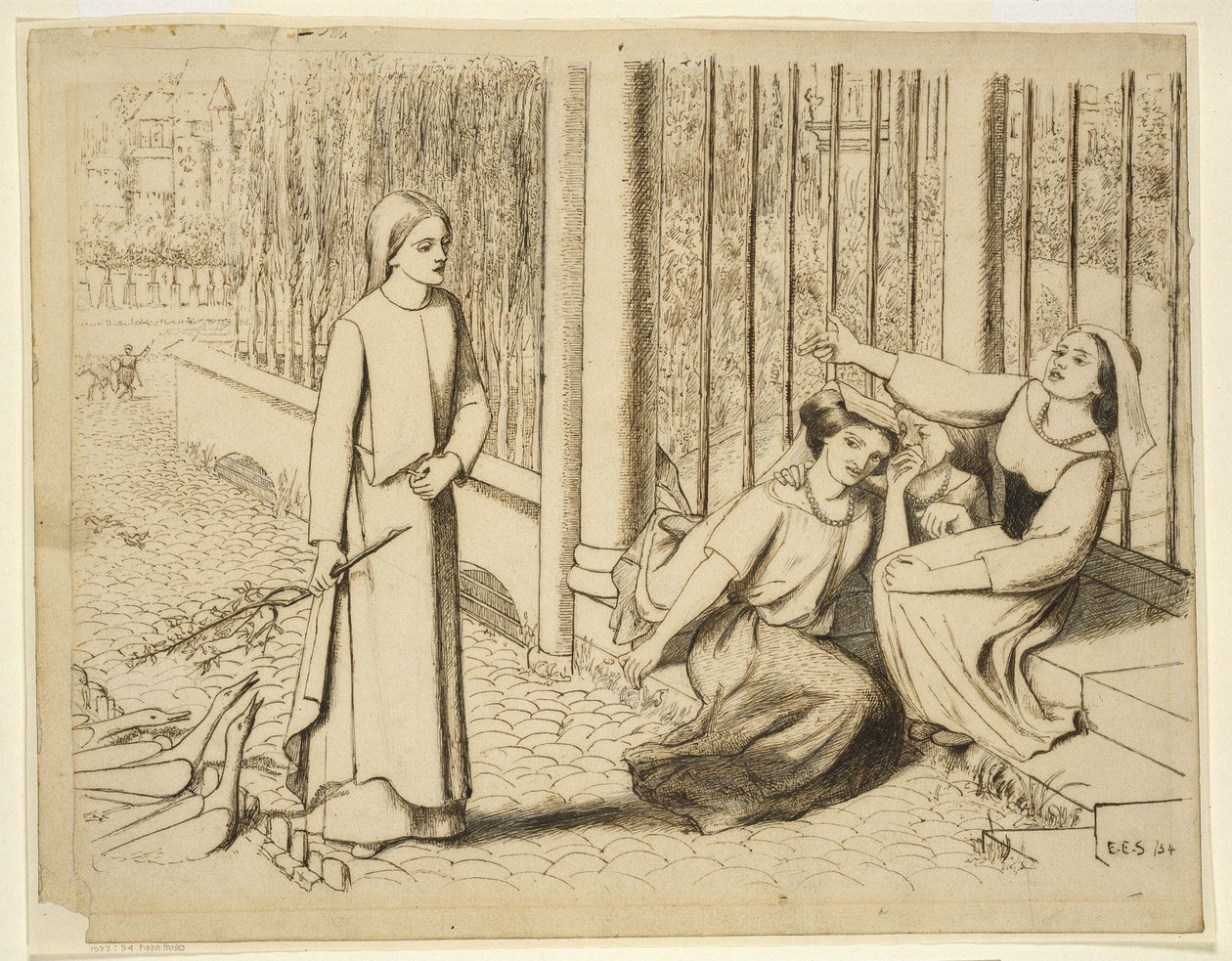 Pippa Passes, 1854 (długopis i brązowy tusz na złamanym białym papierze) autorstwa Elizabeth Eleanor Siddal