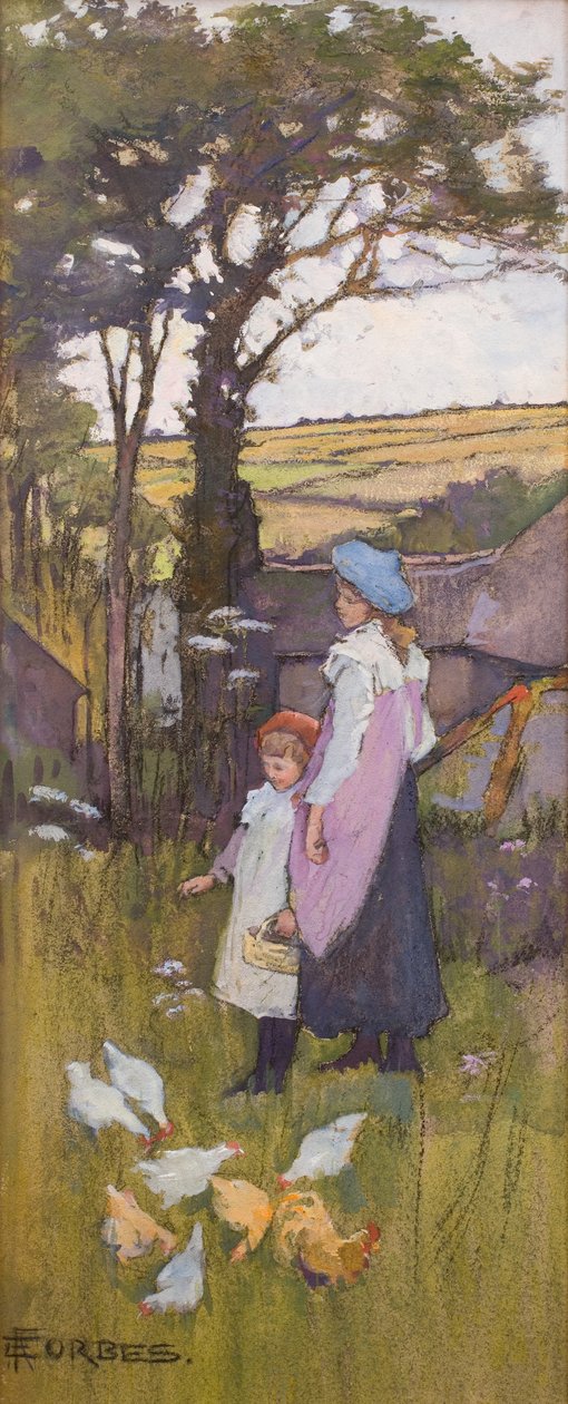 Karmienie kurczaków (pastel i akwarela na desce) autorstwa Elizabeth Adela Stanhope Forbes