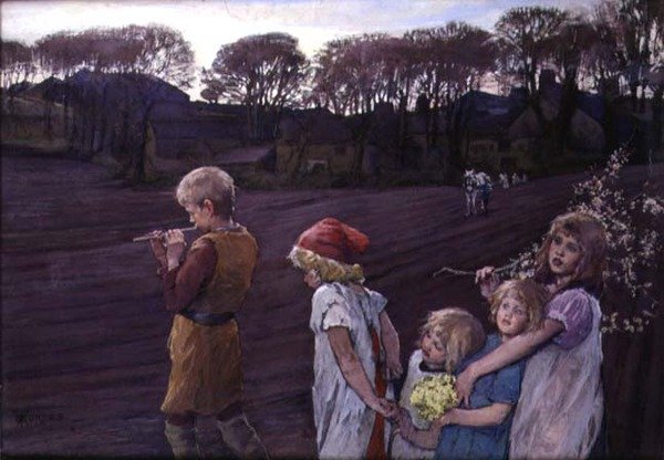 Pied Piper, alegoria wiosny (olej na płótnie) autorstwa Elizabeth Adela Stanhope Forbes