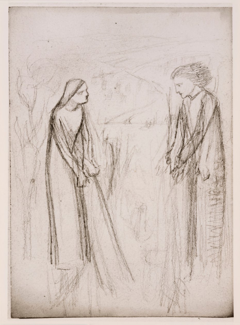 Zwiastowanie, prawdopodobnie, ok. 1970-77 (czarno-białe zdjęcie wydrukowane na białym papierze) autorstwa Elizabeth Eleanor (1834 62) (after) Siddal