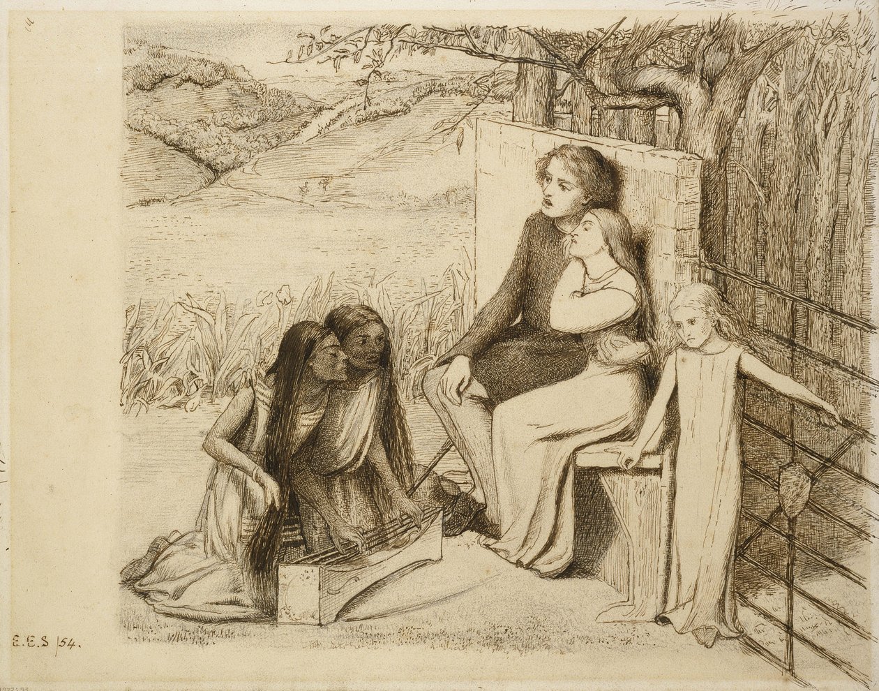 Dwóch kochanków, 1854 (długopis i brązowy tusz na złamanym białym papierze) autorstwa Elizabeth Eleanor Siddal