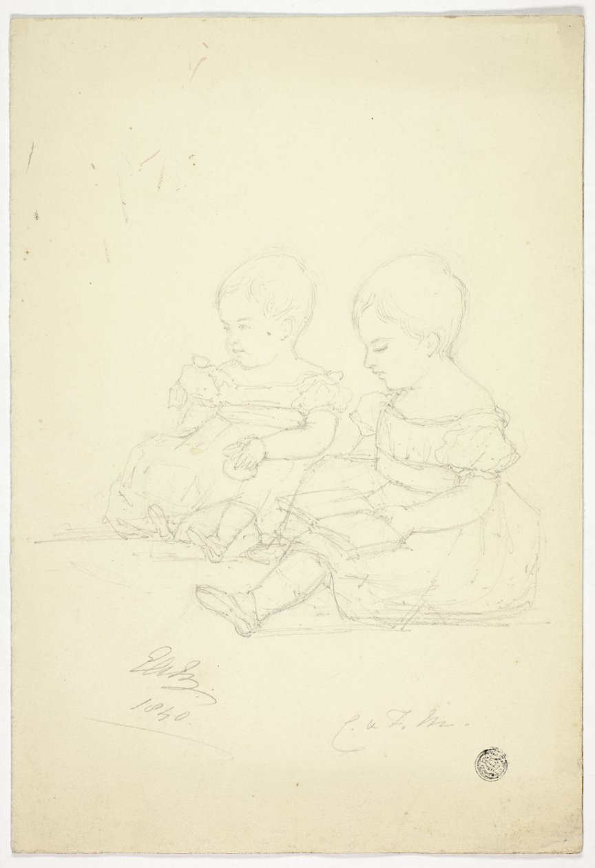 Dwie siedzące dziewczynki (recto), martwa natura i dwa zwierzęta (verso) autorstwa Elizabeth Murray