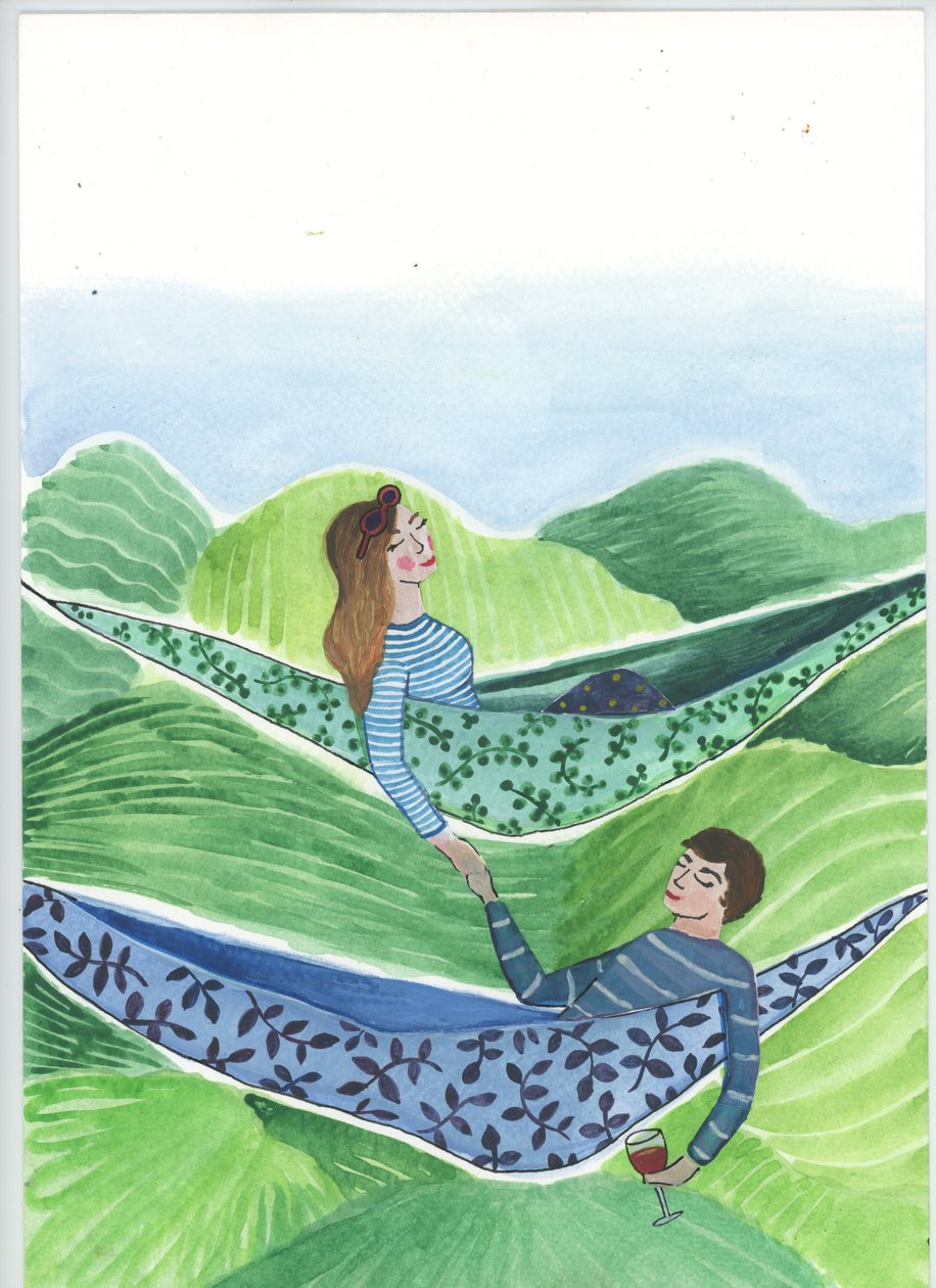 Hanging Out, 2018 (akwarela i kolaż) autorstwa Elizabeth Rider