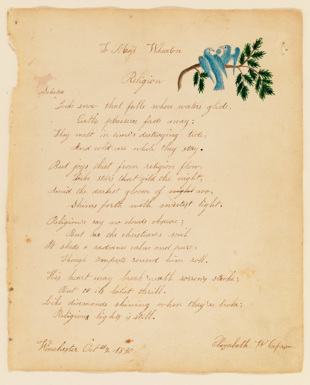 Do panny Wheaton, Religia, 1830. autorstwa Elizabeth W. Capron