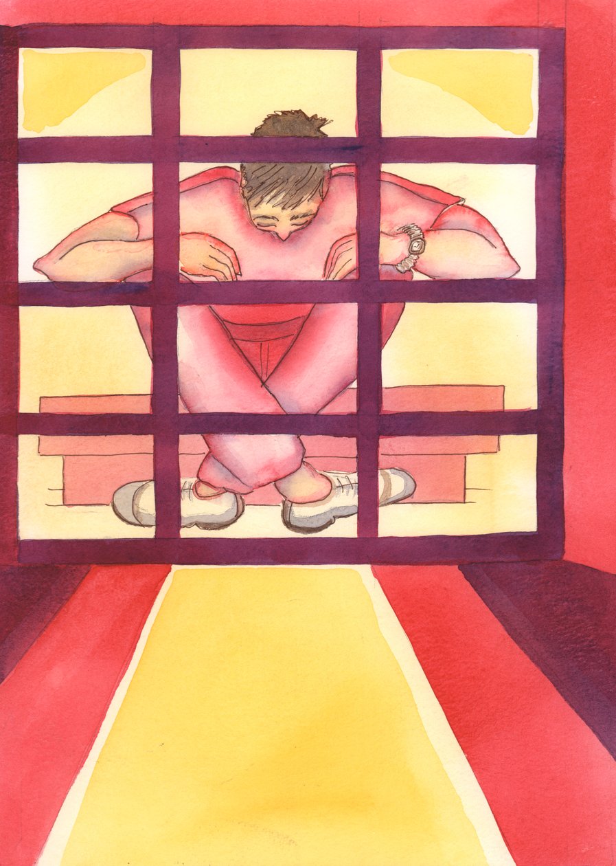 Osoba uwięziona w grzechu jest jak więzień w klatce, z kluczem w środku, 2004 (w/c na papierze) autorstwa Elizabeth Wang