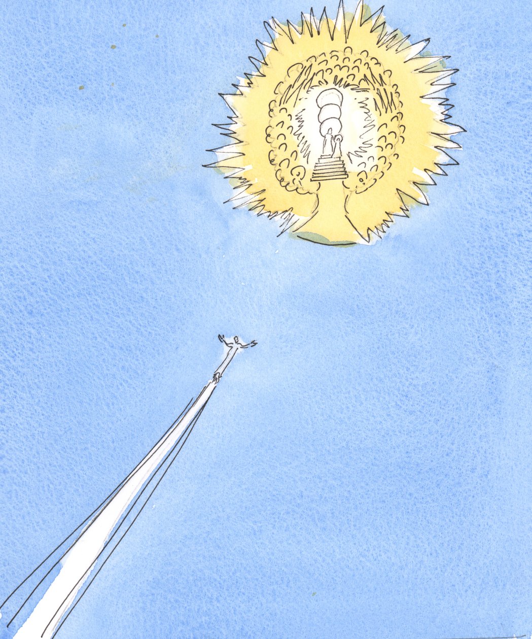 Dusza uwolniona z czyśćca szybuje jak rakieta w kierunku odległego „słońca”, którym jest blask Nieba, 2004 (w/c na papierze) autorstwa Elizabeth Wang