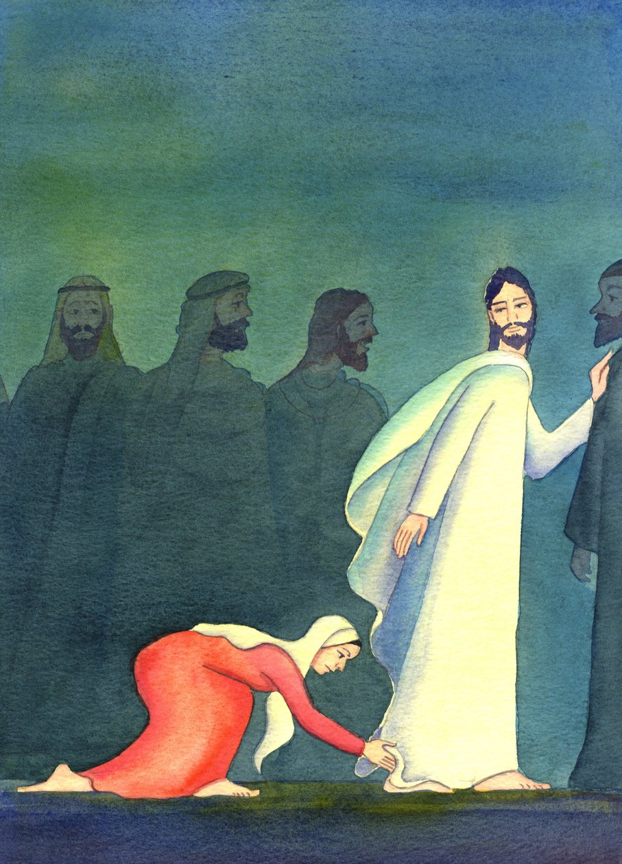 Kobieta pomyślała: „Jeśli tylko mogę dotknąć rąbka Jego szaty, będę uzdrowiona”, 2001 (w/c na papierze) autorstwa Elizabeth Wang