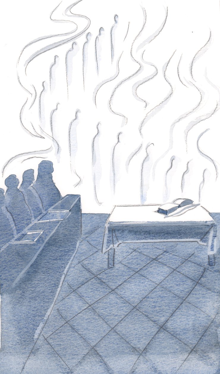 Aniołowie powtarzali pokorne pieśni braci, ich kult spleciony z radością i jasnymi sztandarami, 2000 (w/c na papierze) autorstwa Elizabeth Wang