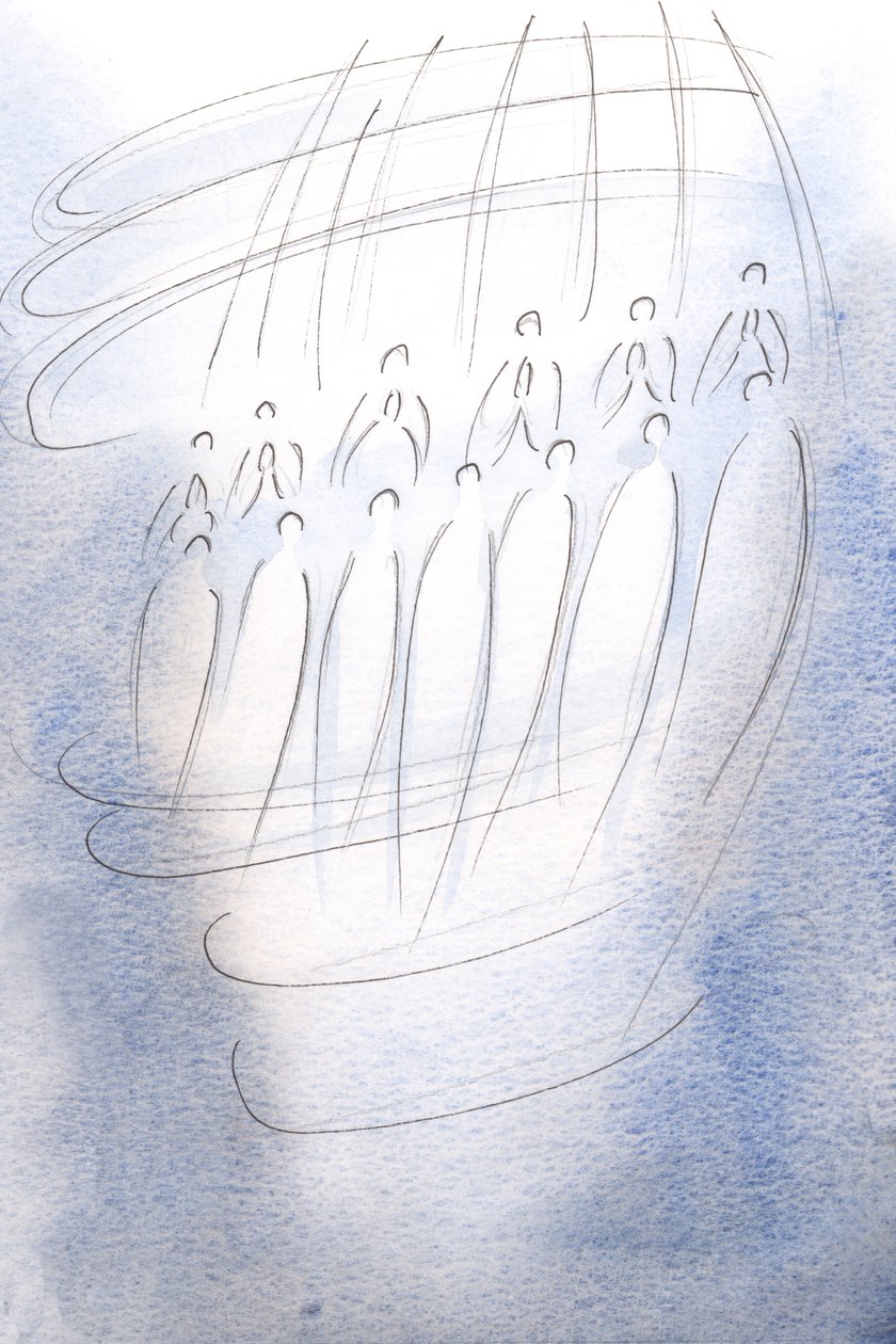 Aniołowie otoczyli sanktuarium, modląc się pod światłem Nieba., 2001 (w/c na papierze) autorstwa Elizabeth Wang