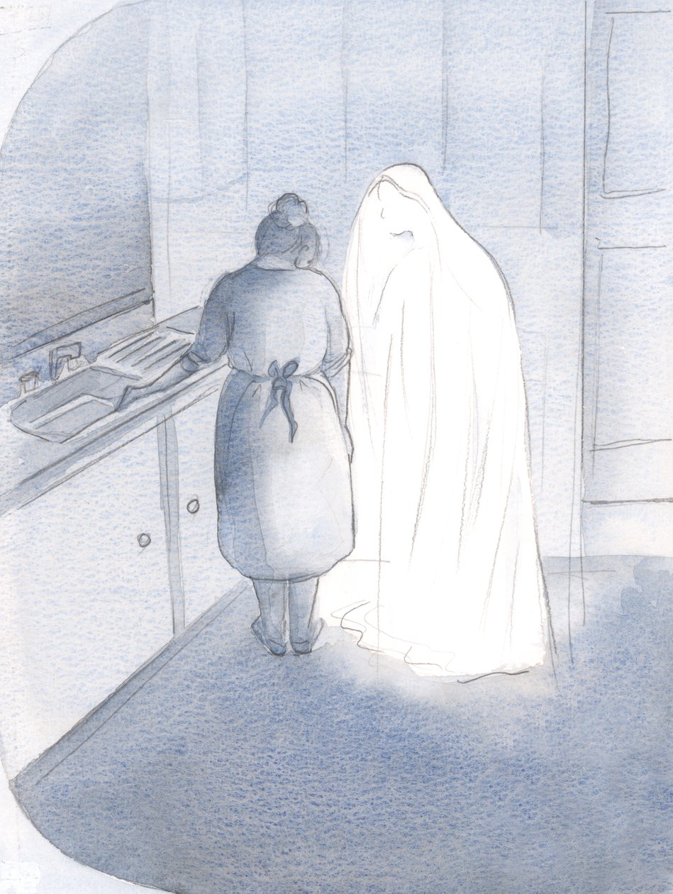 Kiedy pokazałem Mary moje najskrytsze lęki, pocieszała mnie po prostu pochylając się i całując, 2000 (w/c na papierze) autorstwa Elizabeth Wang