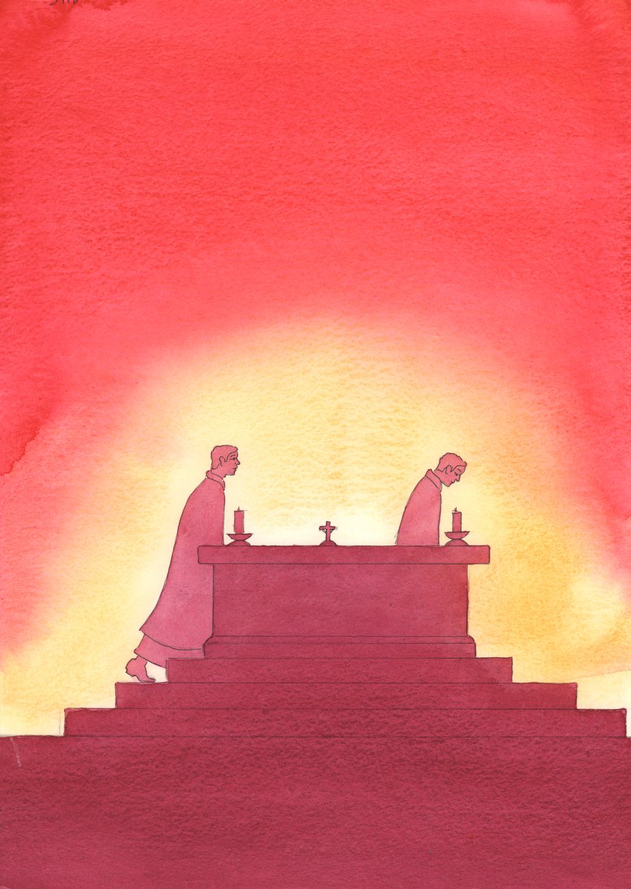 W miarę upływu lat jeden kapłan opuszcza ołtarz, a drugi idzie jego śladami, aby złożyć Najświętszą Ofiarę, 2003 (w/c na papierze) autorstwa Elizabeth Wang