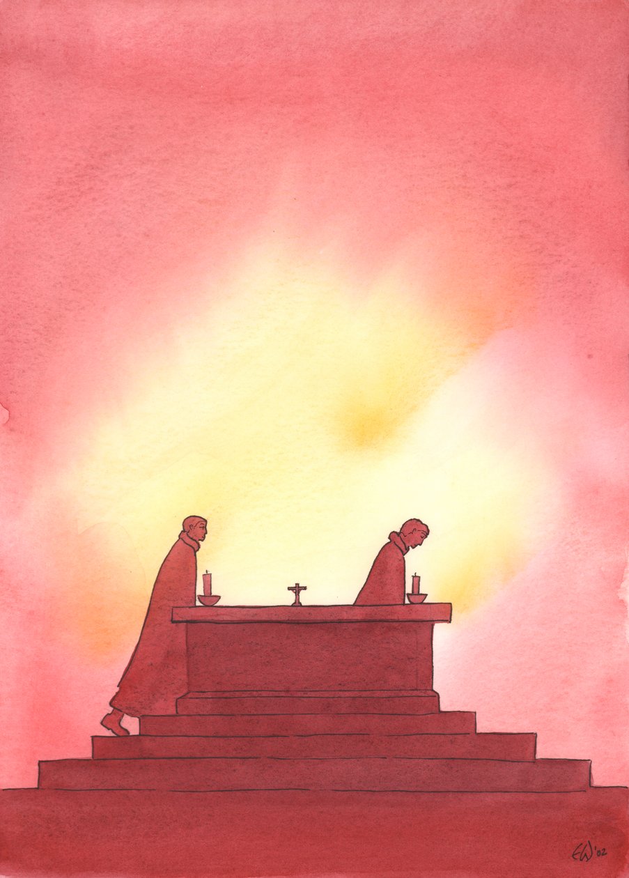 W miarę upływu lat jeden kapłan opuszcza ołtarz, a drugi idzie jego śladami, aby złożyć Najświętszą Ofiarę, 2003 (w/c na papierze) autorstwa Elizabeth Wang