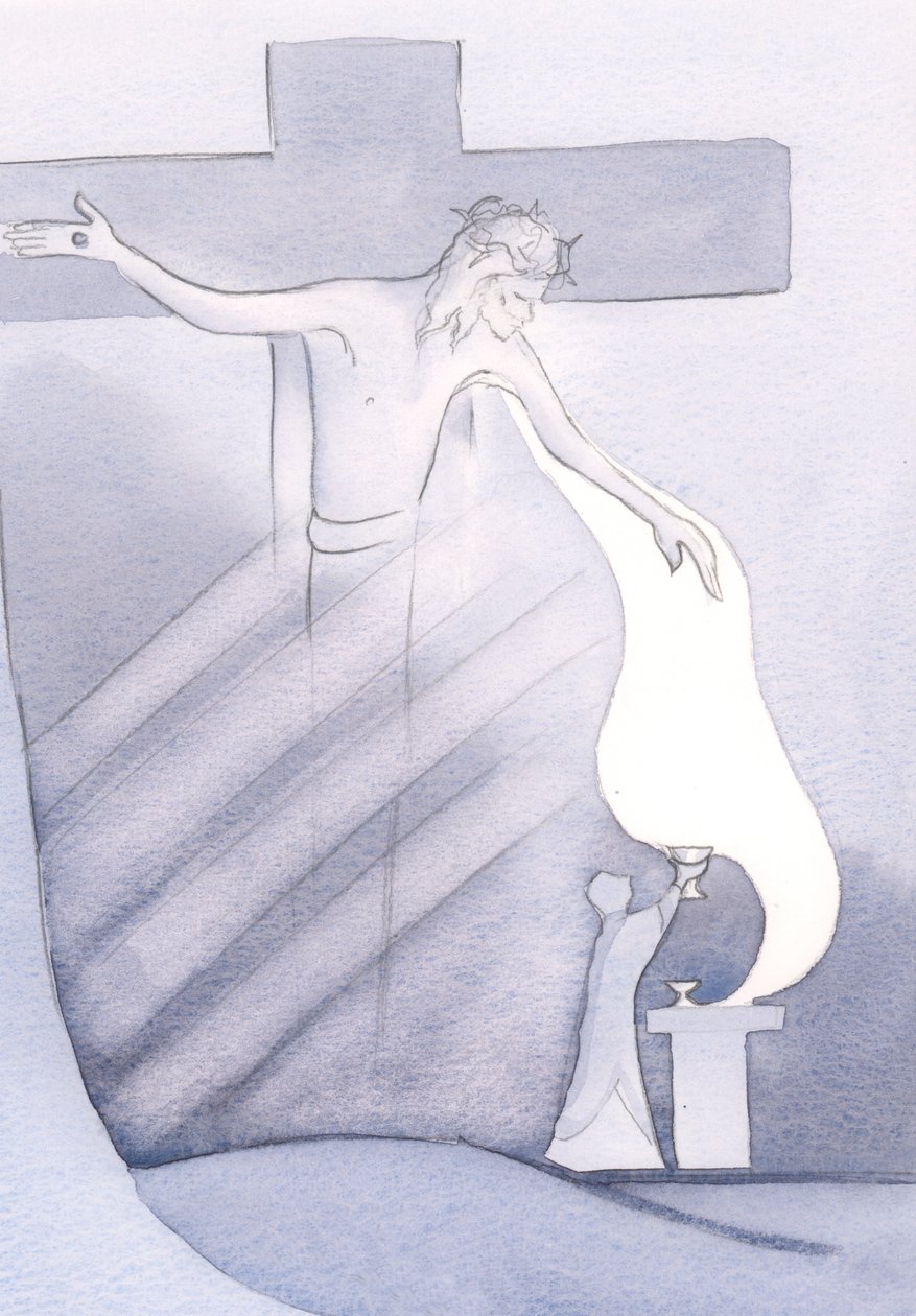 Na każdej Mszy Świętej Przenajdroższa Krew Chrystusa jest przelewana z Krzyża za nasze zbawienie od grzechu, 2000 (w/c na papierze) autorstwa Elizabeth Wang