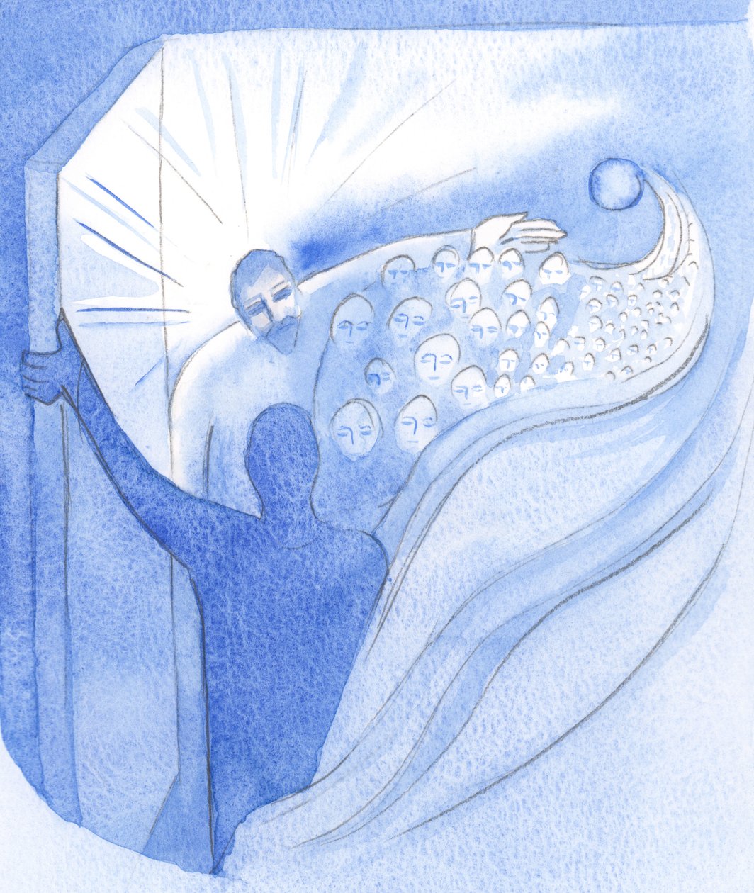 Podczas Wniebowstąpienia Chrystus, nasz brat, triumfalnie powrócił do Ojca i otworzył nam drogę do Nieba, 2001 (w/c na papierze) autorstwa Elizabeth Wang