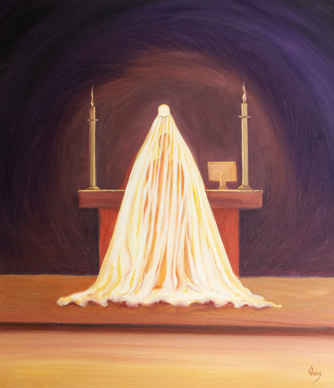 Podczas konsekracji obecny jest Jezus, kochający nas, chociaż zakryty przed naszymi oczami., 2001 (olej na pokładzie) autorstwa Elizabeth Wang