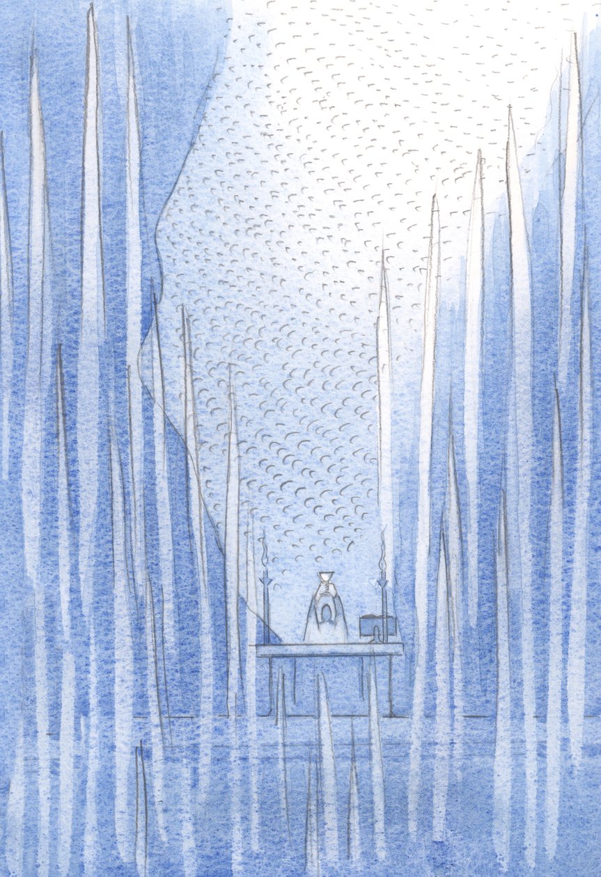 Poza czcicielami i aniołami, zasłona rozstąpiła się; tysiące Świętych Dusz wielbiło Ojca przez Chrystusa, 2001 (w/c na papierze) autorstwa Elizabeth Wang