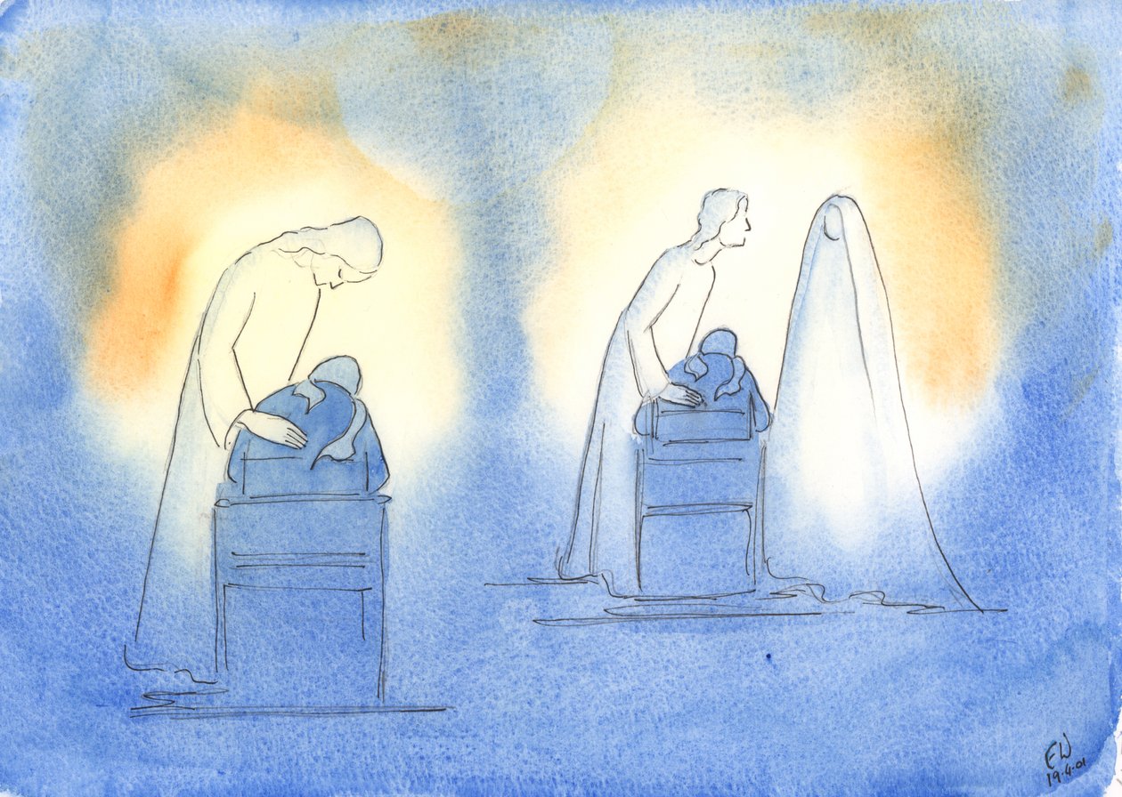 Chrystus i Jego Matka cieszą się, gdy zwracamy się do nich z prostotą i ufnością dziecka, 2003 (w/c na papierze) autorstwa Elizabeth Wang
