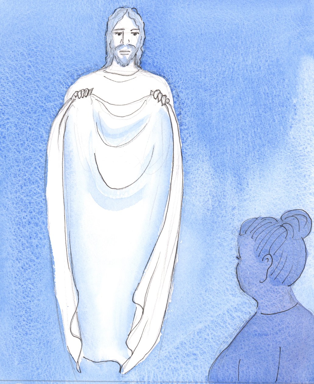 Chrystus pociesza i uspokaja nas, jak matka uspokaja swoje dzieci, gdy są zmartwione lub zmartwione, 2004 (w/c na papierze) autorstwa Elizabeth Wang