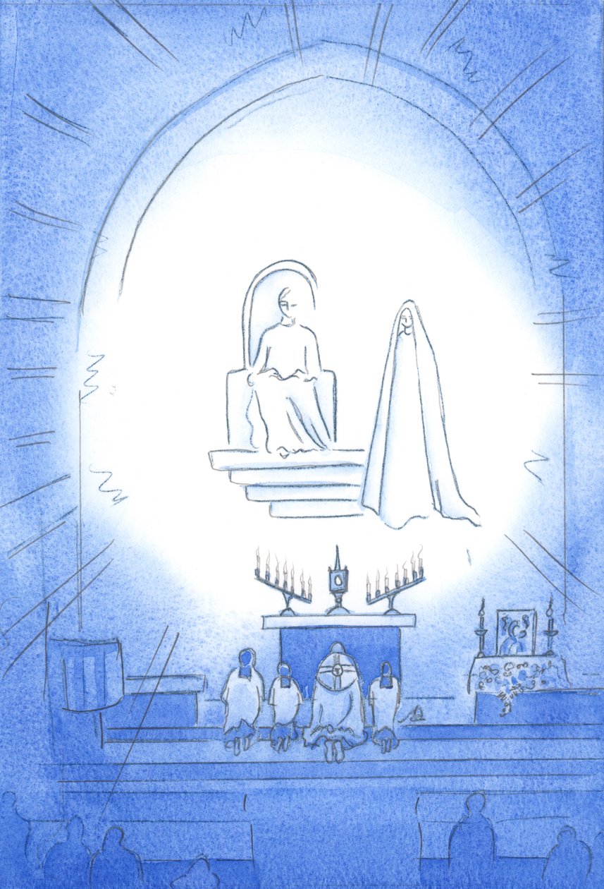 Chrystus zasiada na tronie nad nami w chwale podczas naszej Nowenny i Błogosławieństwa, która jest jak niebiańskie przyjęcie. Nasza matka Maryja stoi radośnie blisko, 2002 (w/c na papierze) autorstwa Elizabeth Wang