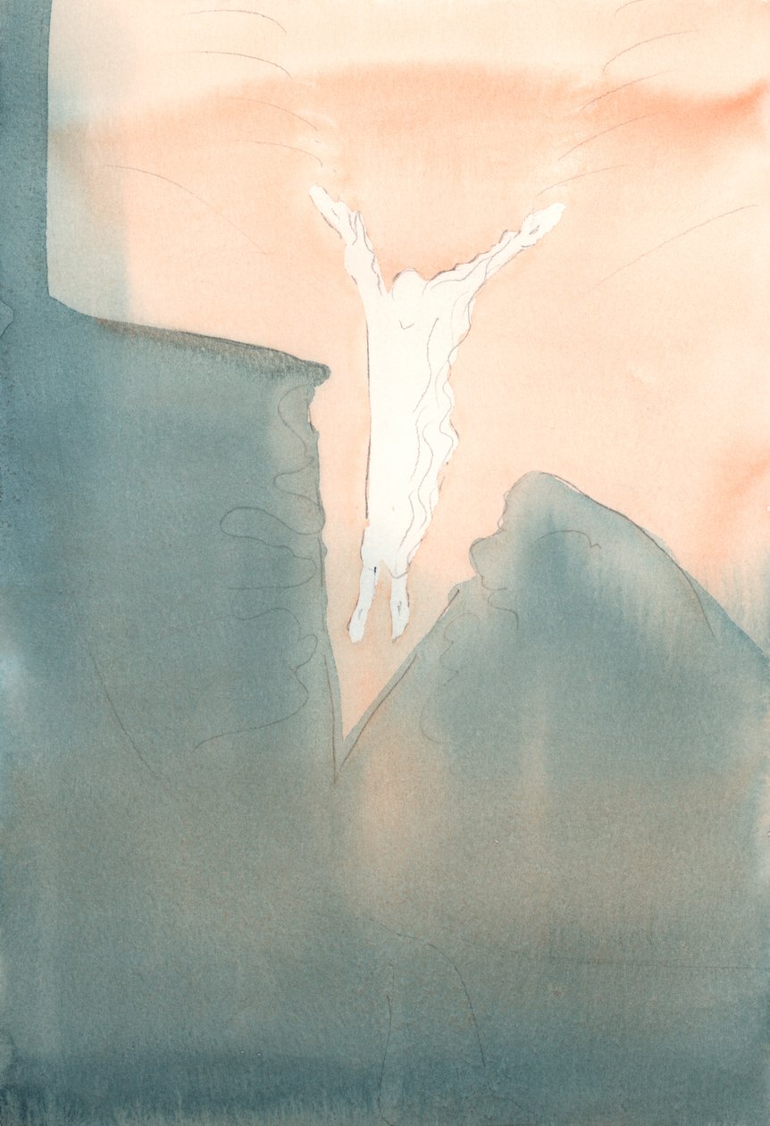 Chrystus z miłością skacze w przerażające ciemne głębie naszych serc., 2001 (w/c na papierze) autorstwa Elizabeth Wang
