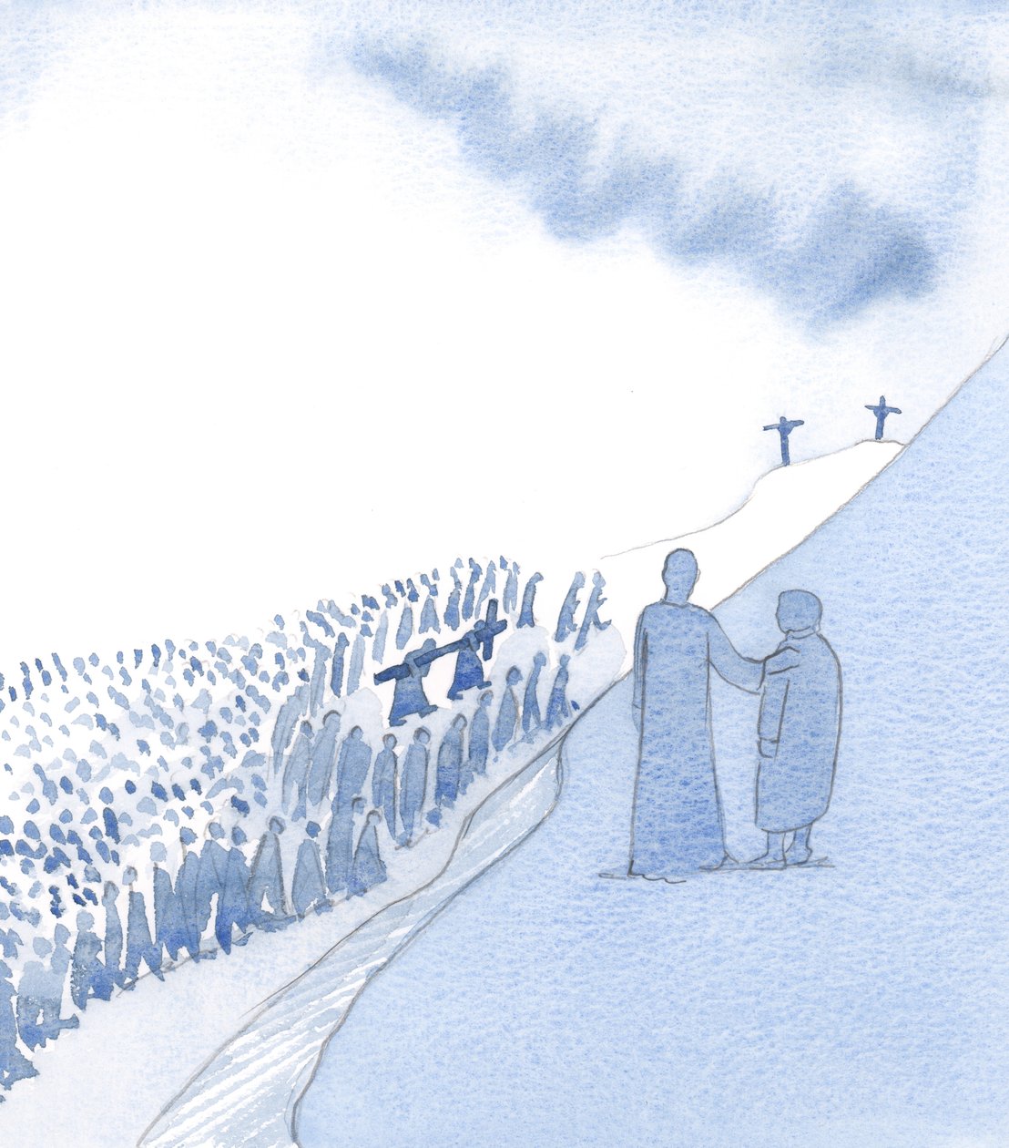Chrystus czule spogląda na naszą pamięć o Jego świętej męce. Kocha nasze oddanie i widzi, jak postępujemy w pokorze., 2000 (w/c na papierze) autorstwa Elizabeth Wang