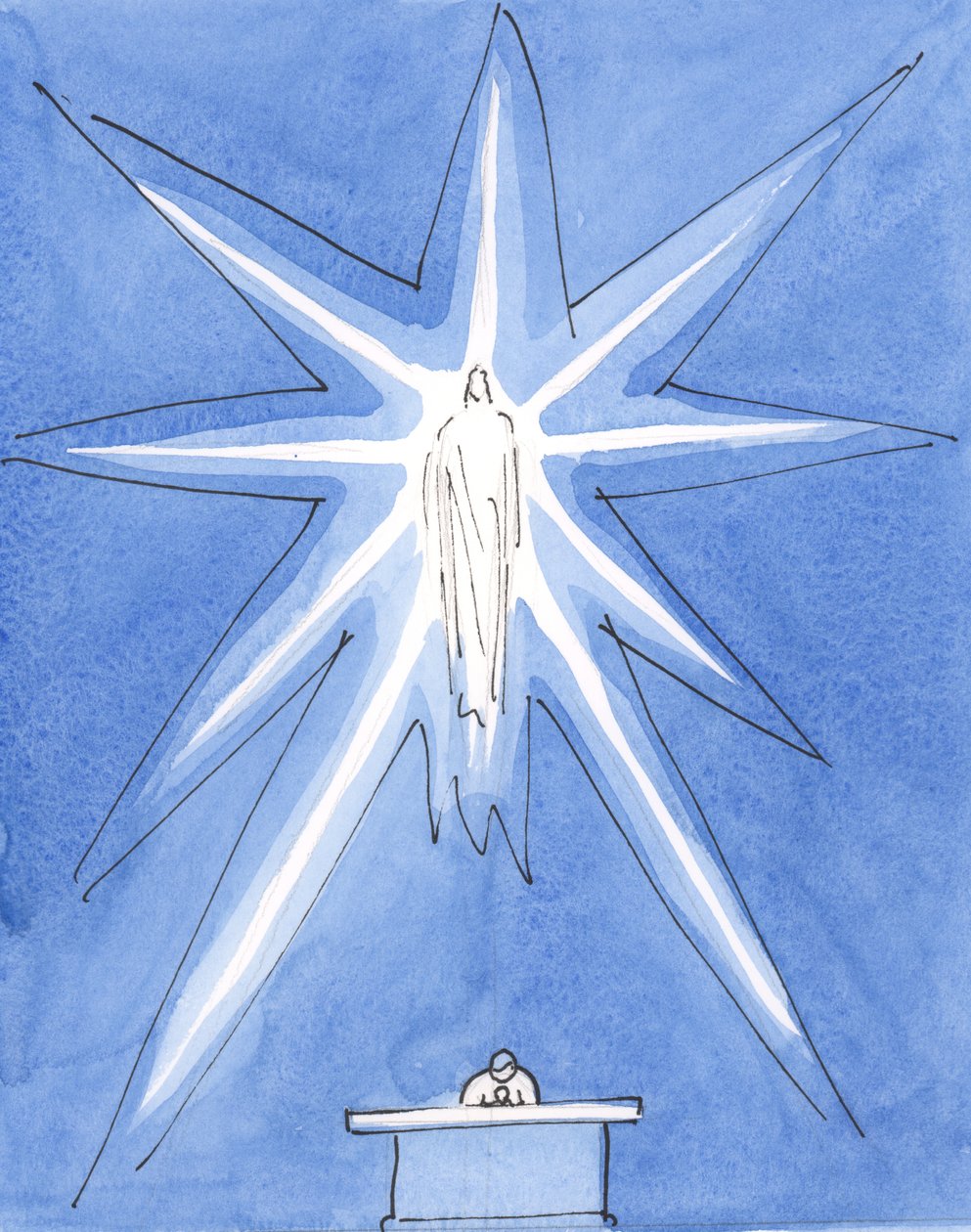 Chrystus, nasz Bóg, jest naprawdę obecny z nami, w swojej chwale, podczas konsekracji, płonący świętością, 2004 (w/c na papierze) autorstwa Elizabeth Wang