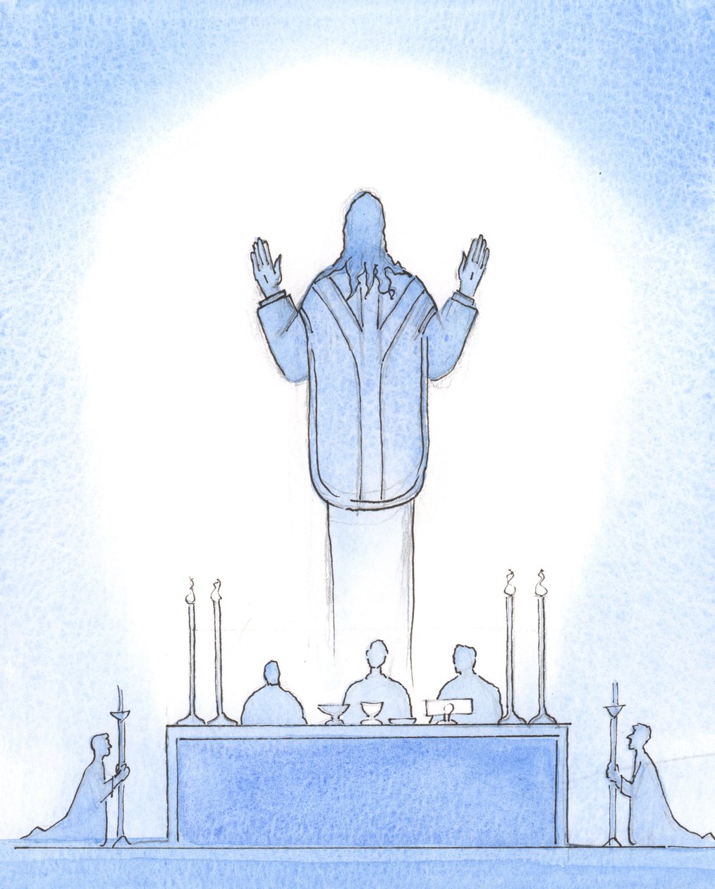 Chrystus, nasz Zmartwychwstały Pan, był obecny nad ołtarzem, jakby wychodząc z grobu, z rękami wzniesionymi do Ojca, wstawiał się za nami, którzy wierzymy w Niego, naszego Najwyższego Kapłana, 2003 (w/c na papierze) autorstwa Elizabeth Wang
