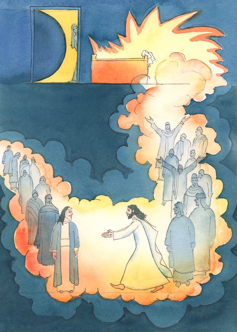 Chrystus rzucił się, by zobaczyć Abrahama w podziemiach, 2004 (w/c na papierze) autorstwa Elizabeth Wang
